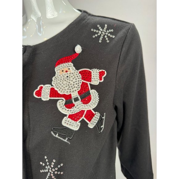 Onque Casual Vintage Skating Santa Cardigan Small Black Cotton Missing Button - Picture 3 of 16
